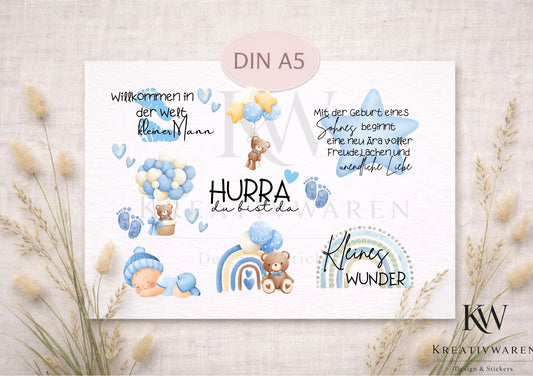 Rub Ons „Geburt Baby Junge“ – A5 Rub-On Sheet, randlos