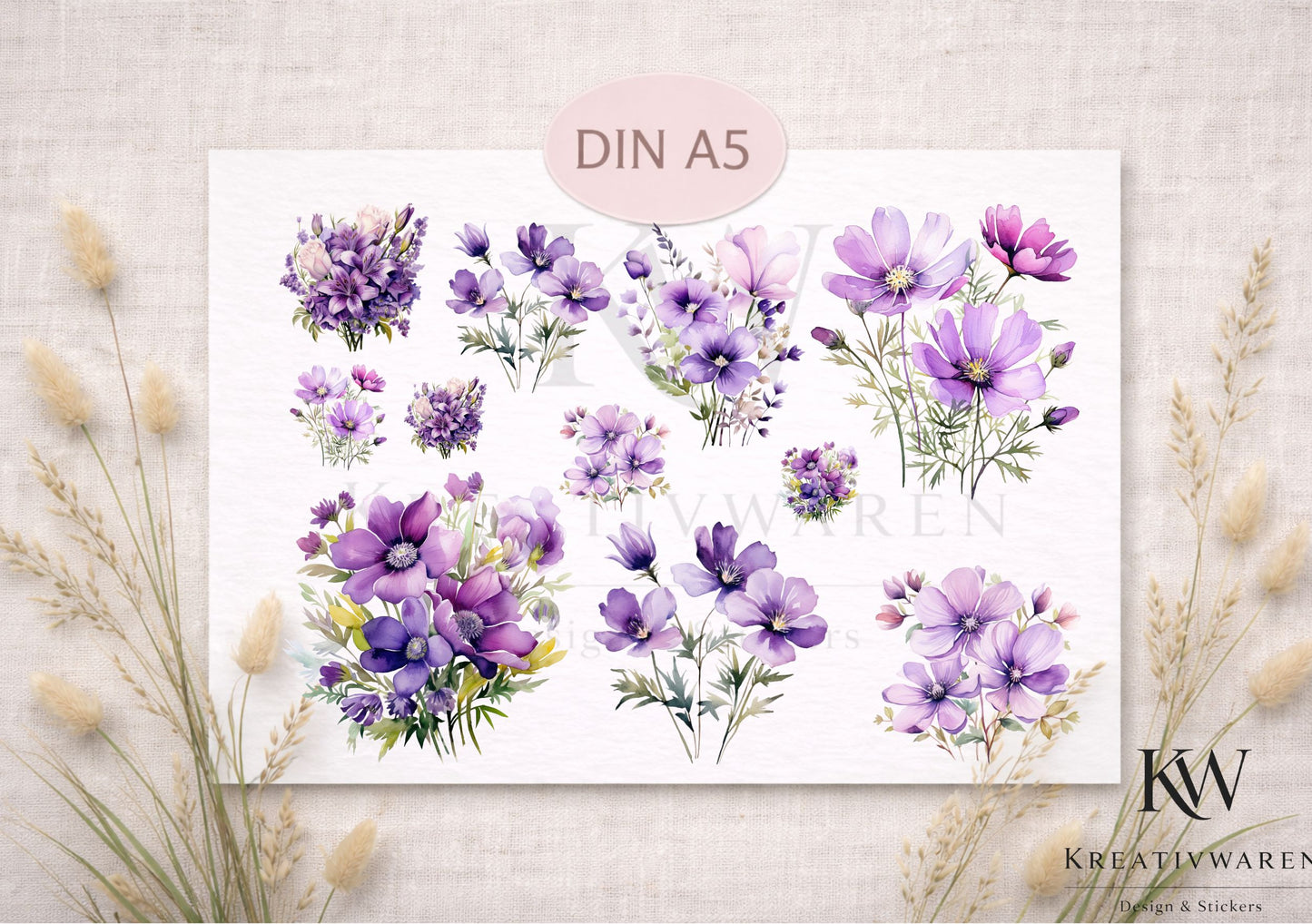 Rub Ons „Blütenpoesie Lila“ – DIN A5 Rub-On Sheet, randlos