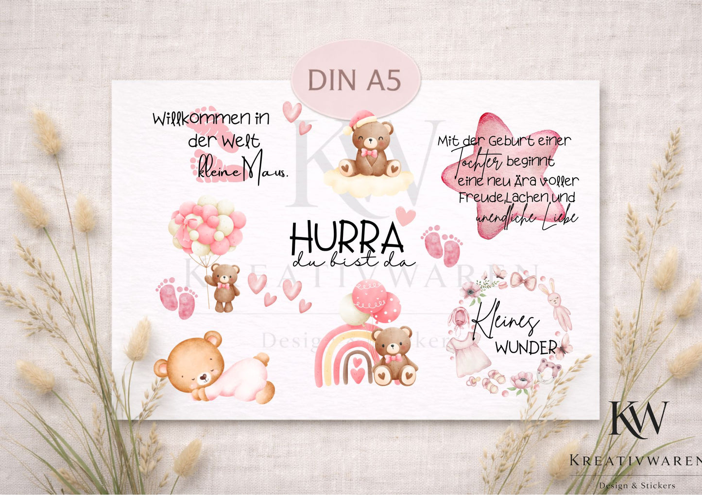 Rub Ons „Geburt Baby Mädchen“ – A5 Rub-On Sheet, randlos