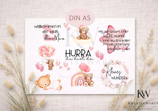 Rub Ons „Geburt Baby Mädchen“ – A5 Rub-On Sheet, randlos