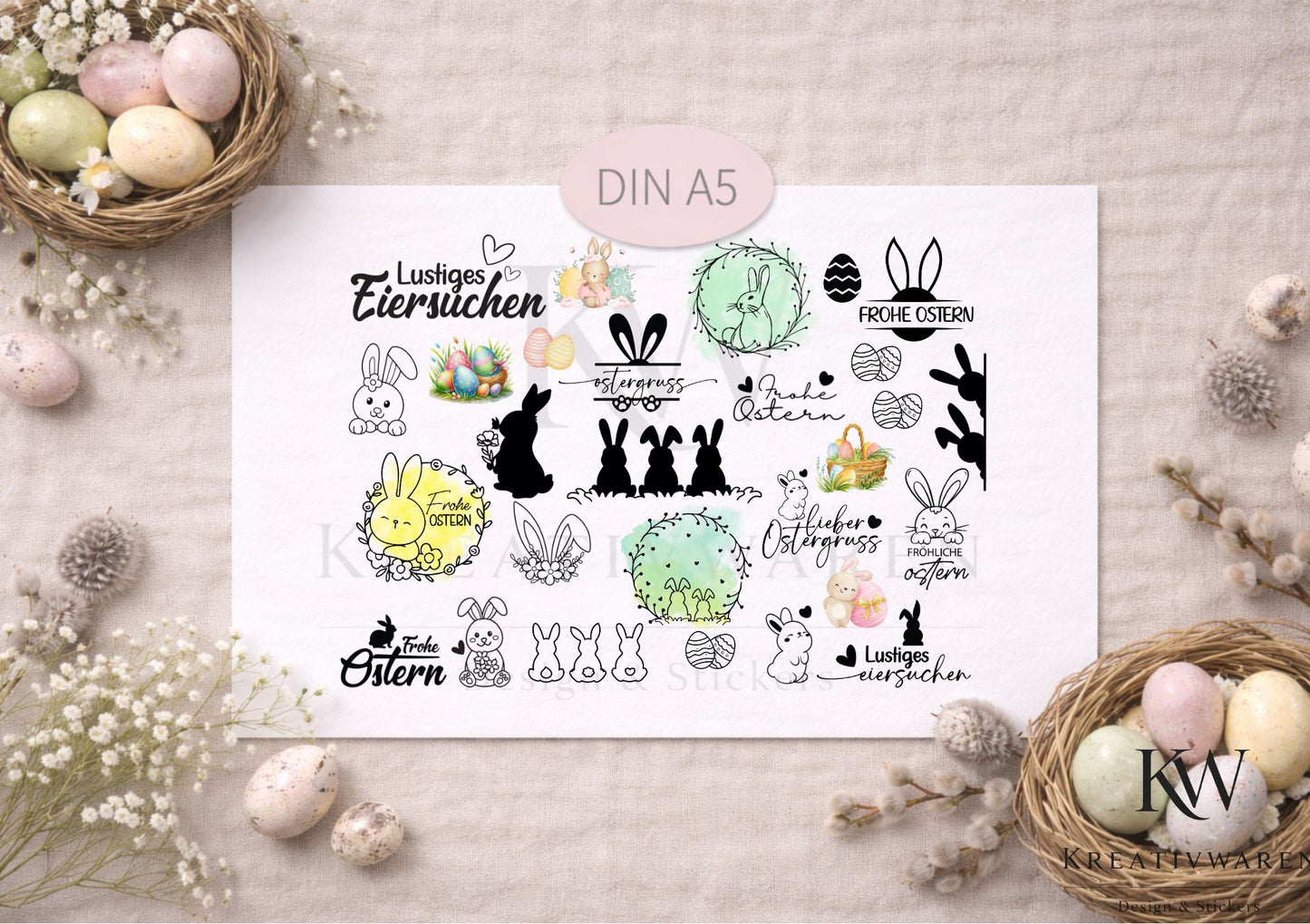 Rub Ons „Frohe Ostern & Lustiges Eiersuchen“ – DIN A5 Rub-On Sheet, randlos