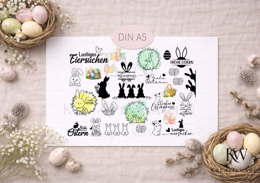 Rub Ons „Frohe Ostern & Lustiges Eiersuchen“ – DIN A5 Rub-On Sheet, randlos