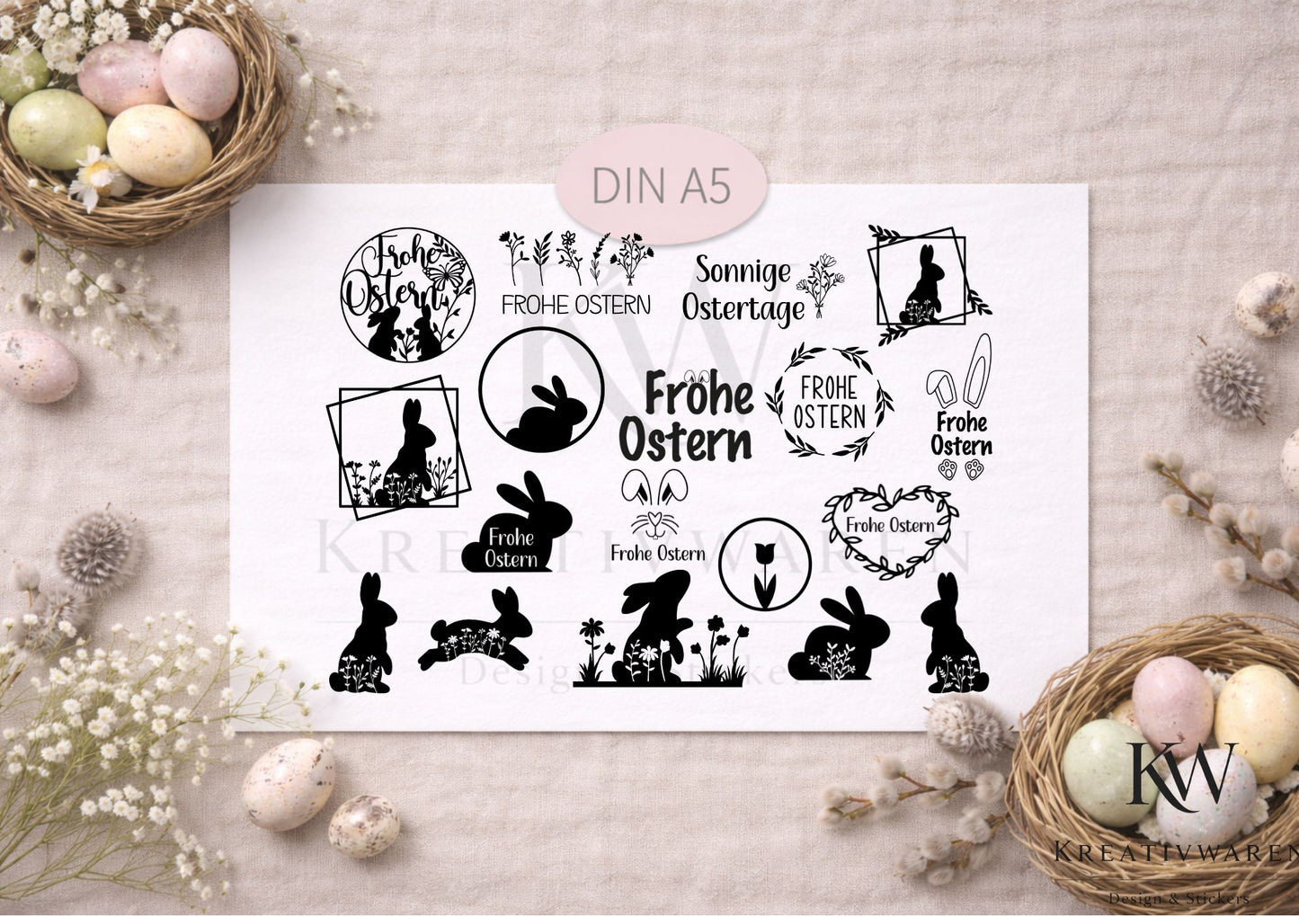 Rub Ons „Frohe Ostern Silhouetten“ – DIN A5 Rub-On Sheet, randlos