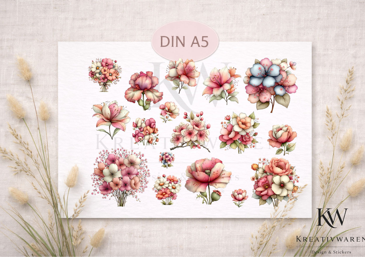 Rub Ons „Feine Blütenharmonie“ – DIN A5 Rub-On Sheet, randlos