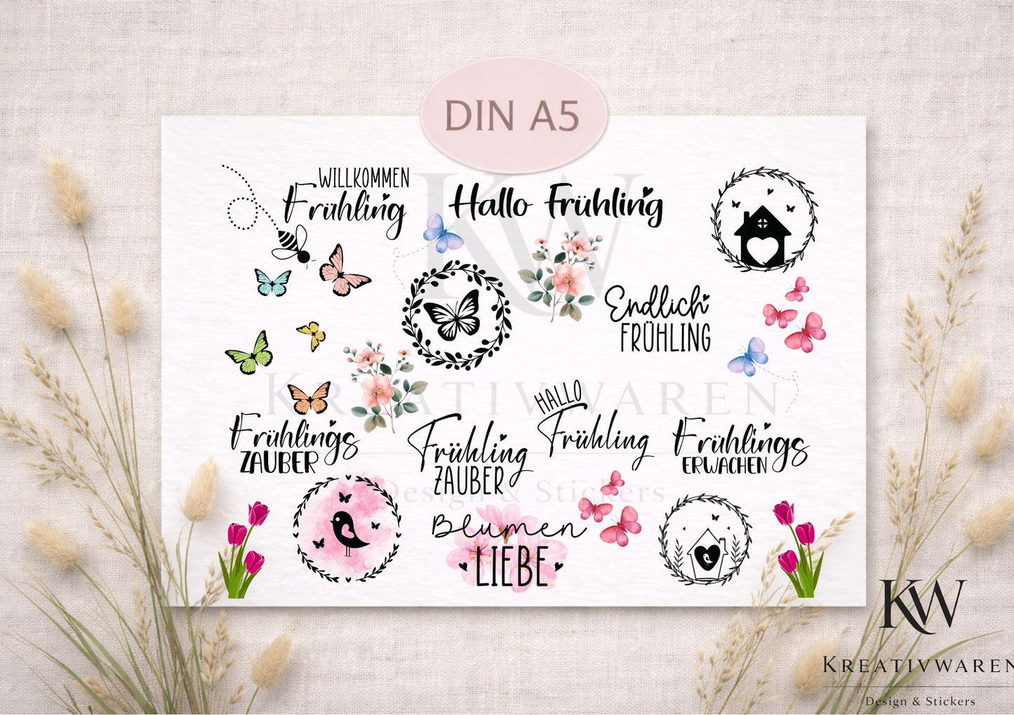 Rub Ons „Willkommen Frühling & Frühlingszauber“ – DIN A5 Rub-On Sheet, randlos