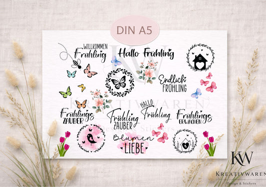 Rub Ons „Willkommen Frühling & Frühlingszauber“ – DIN A5 Rub-On Sheet, randlos