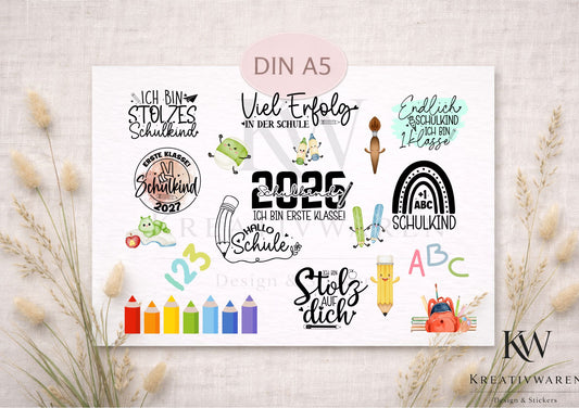 Rub Ons „Schulkind 2026“ – DIN A5 Rub-On Sheet, randlos, bunt