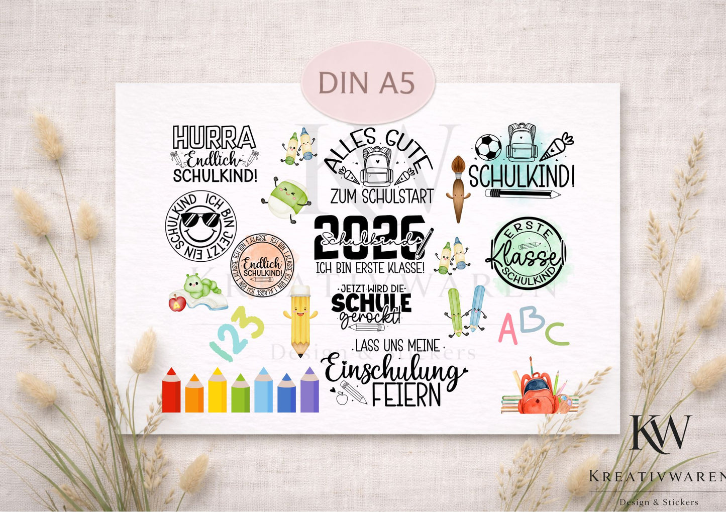 Rub Ons „Schulkind 2026 2.0“ – DIN A5 Rub-On Sheet, randlos, bunt