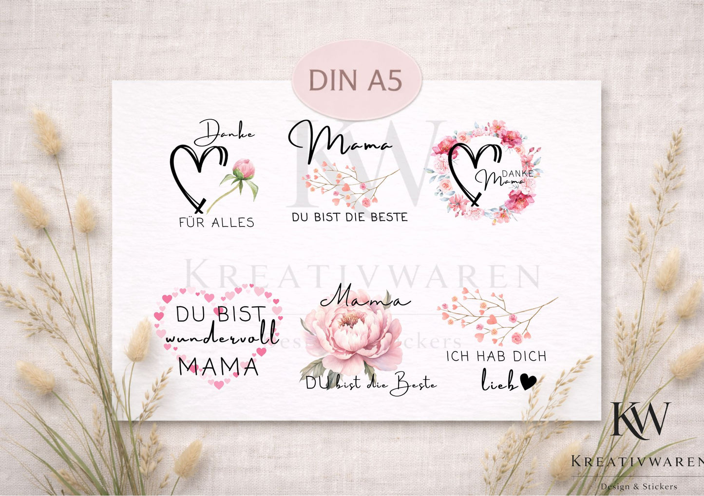Rub Ons „Danke Mama“ – A5 Rub-On Sheet, liebevolle Motive