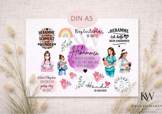 Rub Ons „Hebamme“ – DIN A5 Rub-On Sheet, randlos