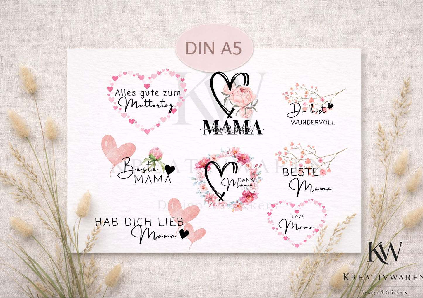 Rub Ons „Mama Liebe“ – A5 Rub-On Sheet, Muttertag, randlos