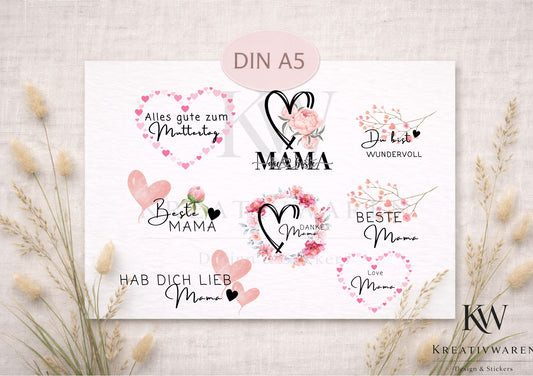 Rub Ons „Mama Liebe“ – A5 Rub-On Sheet, Muttertag, randlos