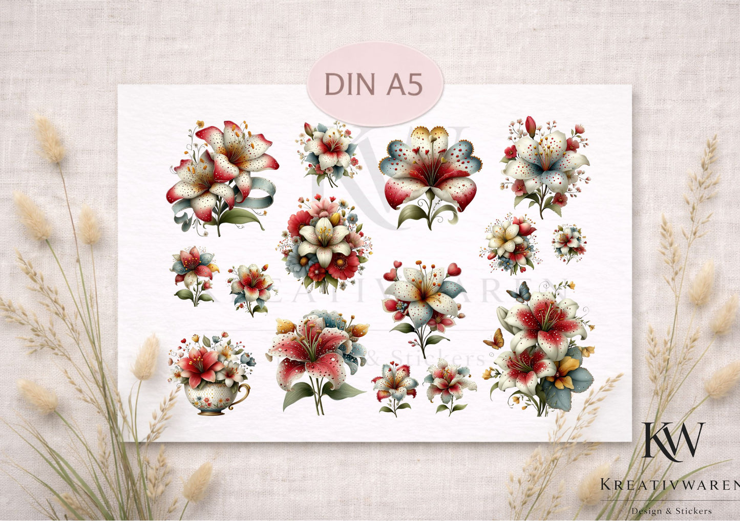 Rub Ons „Blütenromantik“ – DIN A5 Rub-On Sheet, randlos
