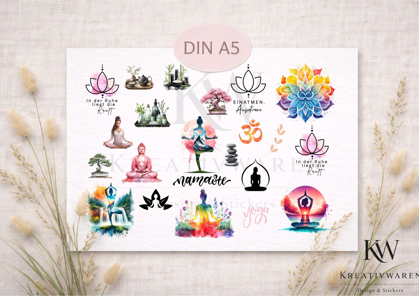 Rub Ons „Namaste Yoga & Achtsamkeit“ – DIN A5 Rub-On Sheet, randlos