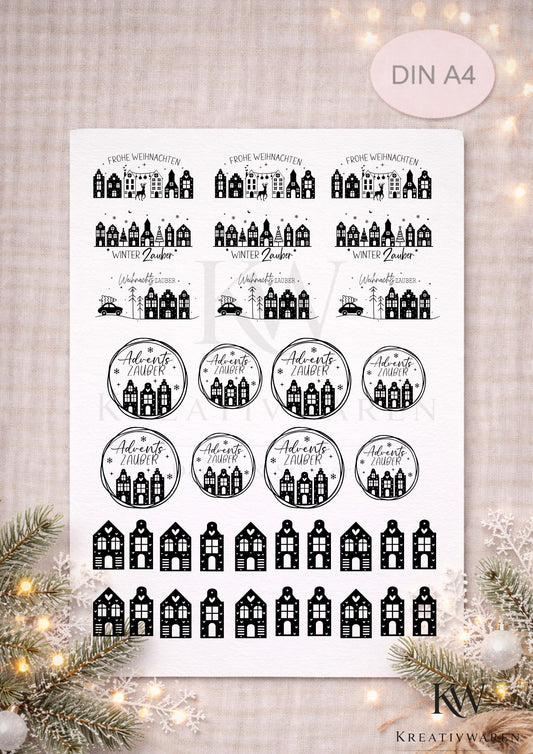 Rub Ons „Weihnachtliche Häuser“ – A4 Rub-On Sheet, randlos