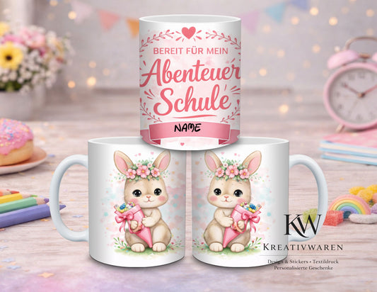 Personalisierte Einschulung Tasse – Süßes Häschen mit Name – Geschenk zum Schulanfang – Individuelle Kinder Tasse