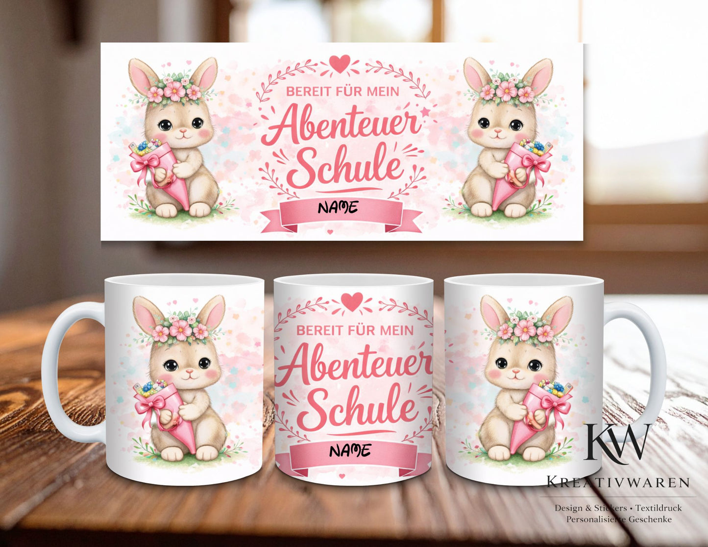 Personalisierte Einschulung Tasse – Süßes Häschen mit Name – Geschenk zum Schulanfang – Individuelle Kinder Tasse