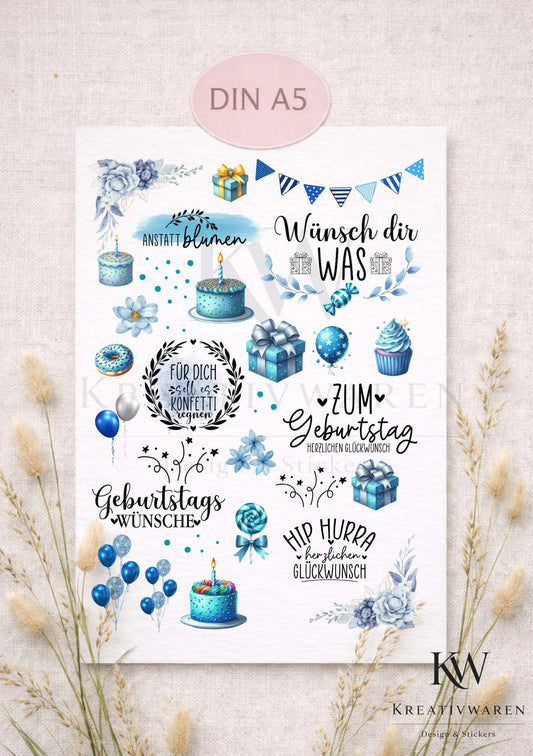 Rub Ons „Geburtstag Blau“ – A5 Rub-On Sheet, randlos