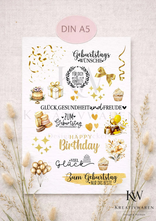 Rub Ons „Geburtstag goldgelb“ – A5 Rub-On Sheet, randlos