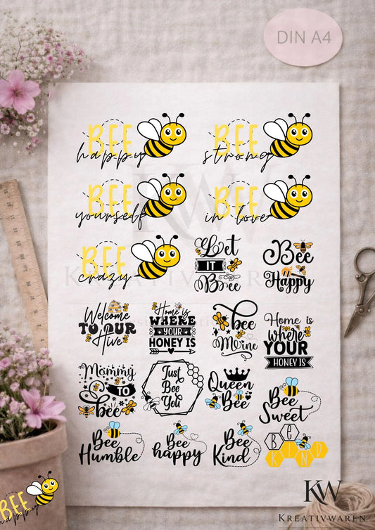 Rub Ons „Bee Happy“ – A4 Rub-On Sheet, randlos