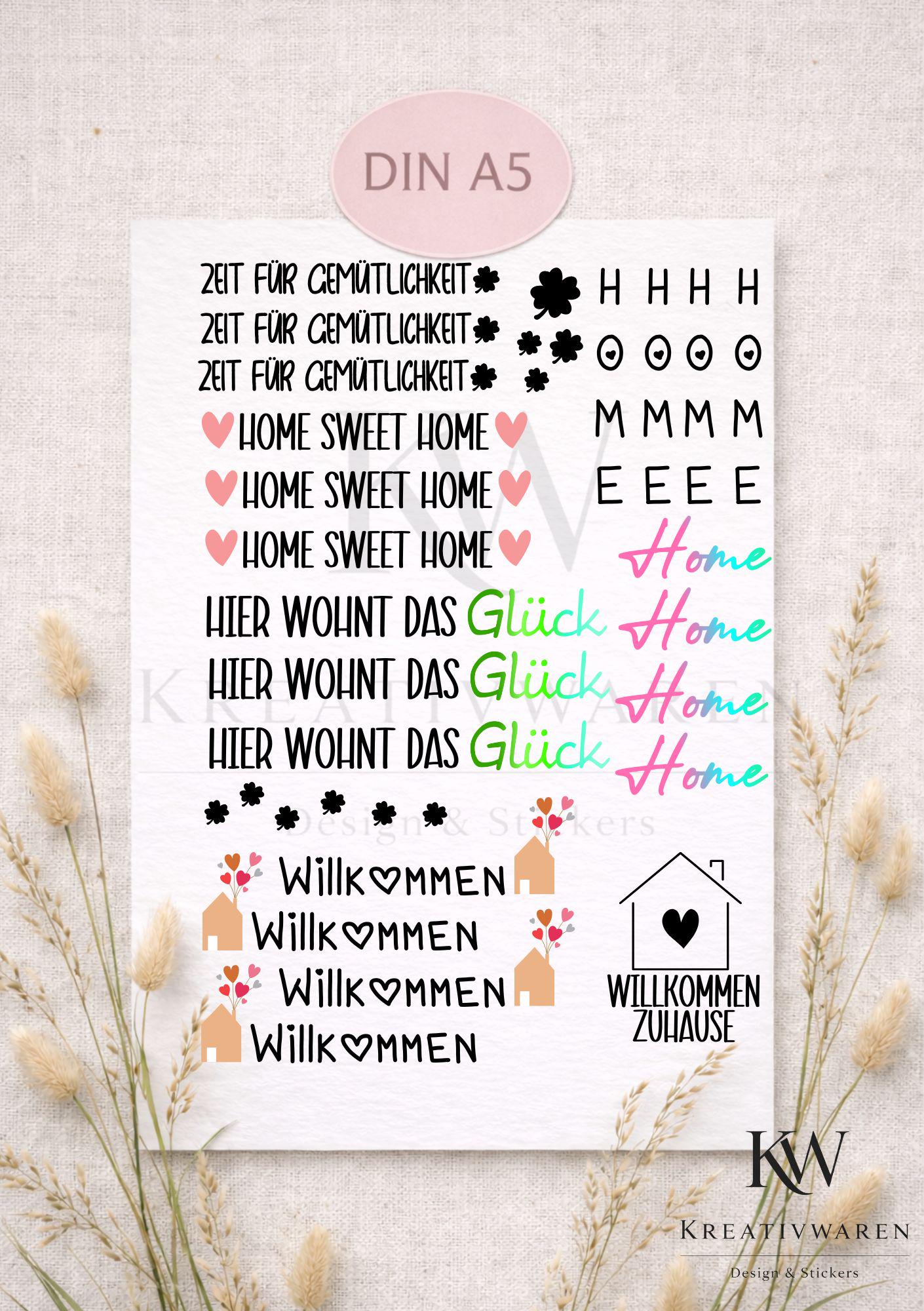 Rub Ons „hier wohnt das Glück - zeit für gemütlichkeit“ – A5 Rub-On Sheet, randlos
