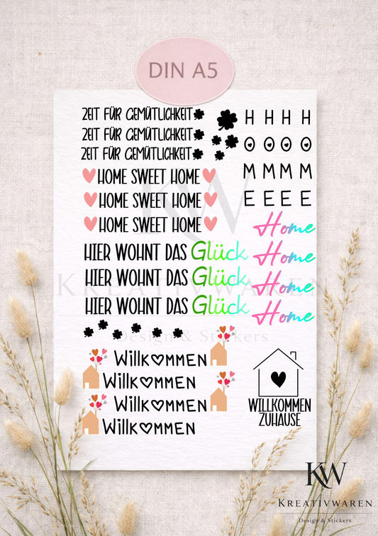 Rub Ons „hier wohnt das Glück - zeit für gemütlichkeit“ – A5 Rub-On Sheet, randlos