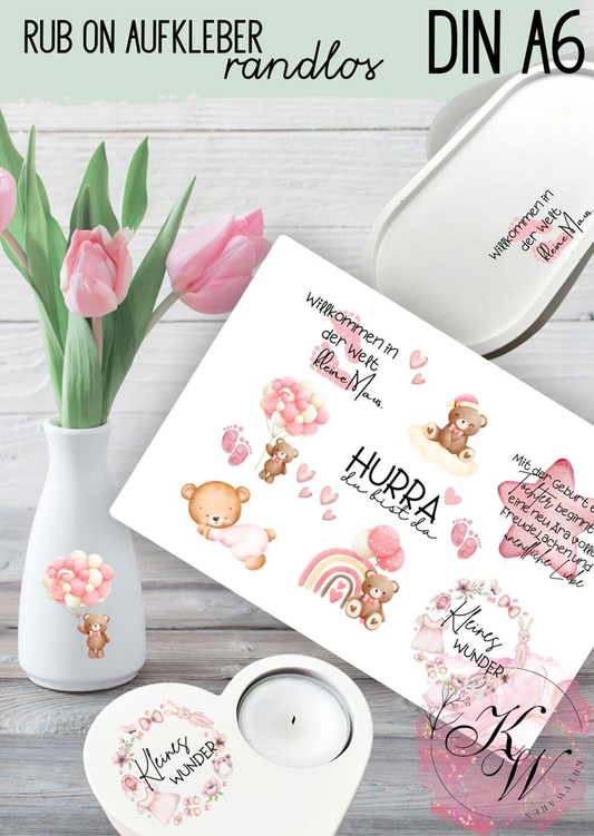 RUB ONS - "Geburt Baby Mädchen" individuell | RUBONS | randlos | glänzend | bunt | A6