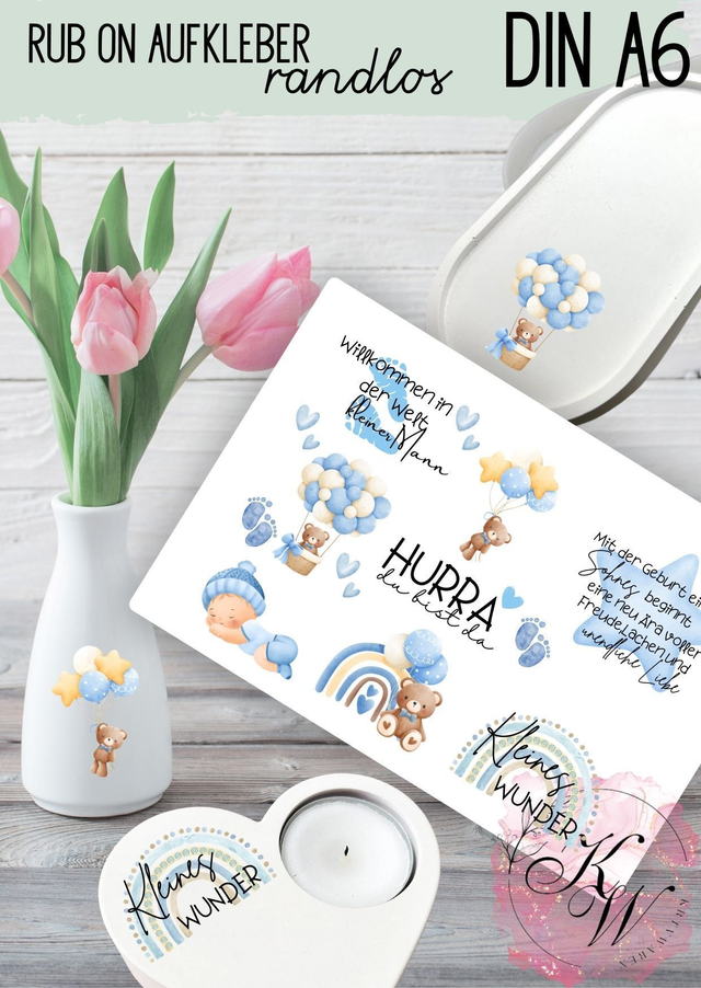 RUB ONS - "Geburt Baby Junge" individuell | RUBONS | randlos | glänzend | bunt | A6