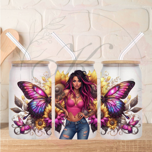 Trinkgläser 16oz Rub Ons "Woman Butterfly" No.282