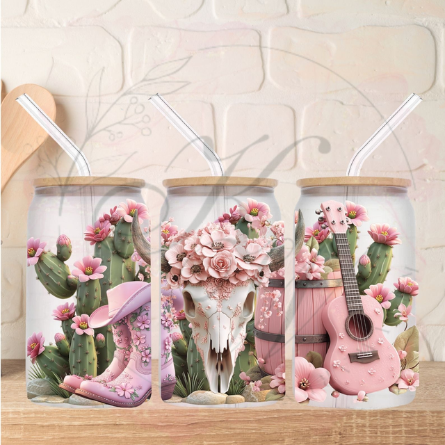 Trinkgläser 16oz Rub Ons "Cow Girl pink" No.307