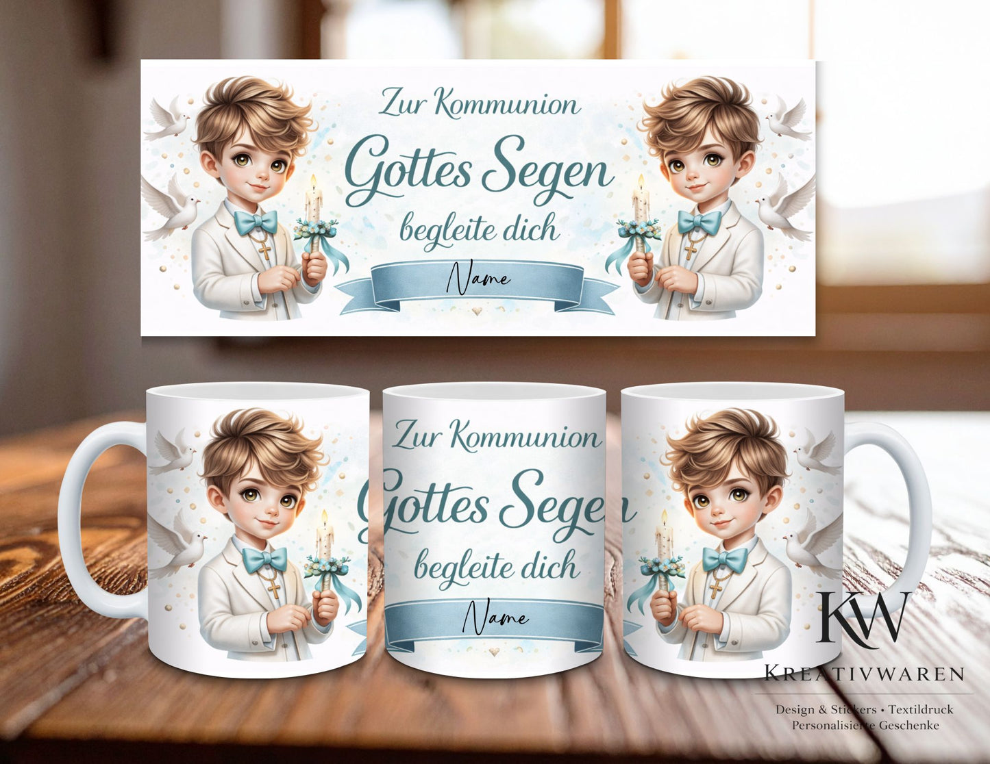 Personalisierte Kommunion Tasse Junge– Gottes Segen begleite dich – Geschenk zur Erstkommunion – Tasse mit Name