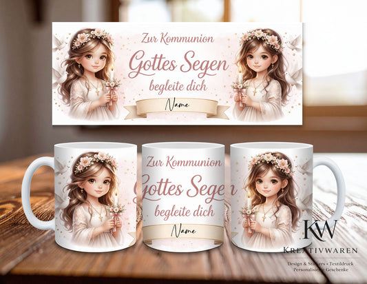 Personalisierte Kommunion Tasse Mädchen – Gottes Segen begleite dich – Geschenk zur Erstkommunion – Tasse mit Name