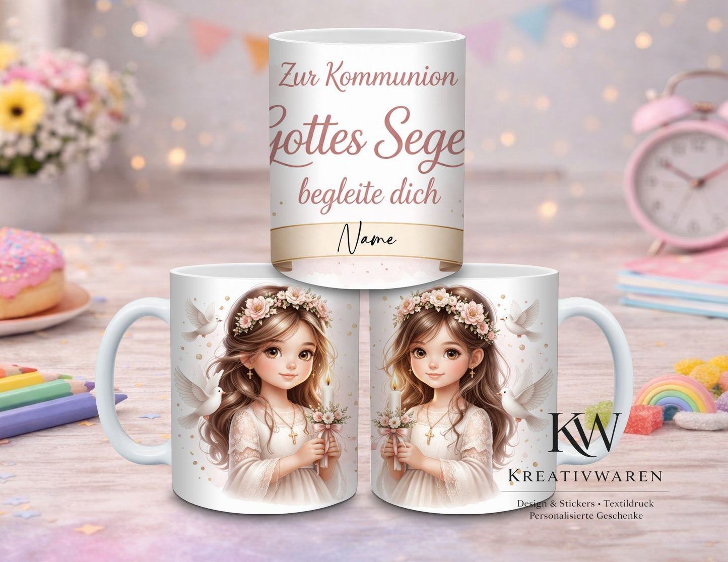 Personalisierte Kommunion Tasse Mädchen – Gottes Segen begleite dich – Geschenk zur Erstkommunion – Tasse mit Name