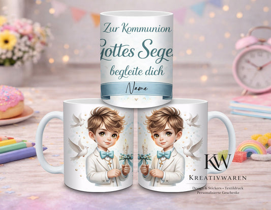 Personalisierte Kommunion Tasse Junge– Gottes Segen begleite dich – Geschenk zur Erstkommunion – Tasse mit Name